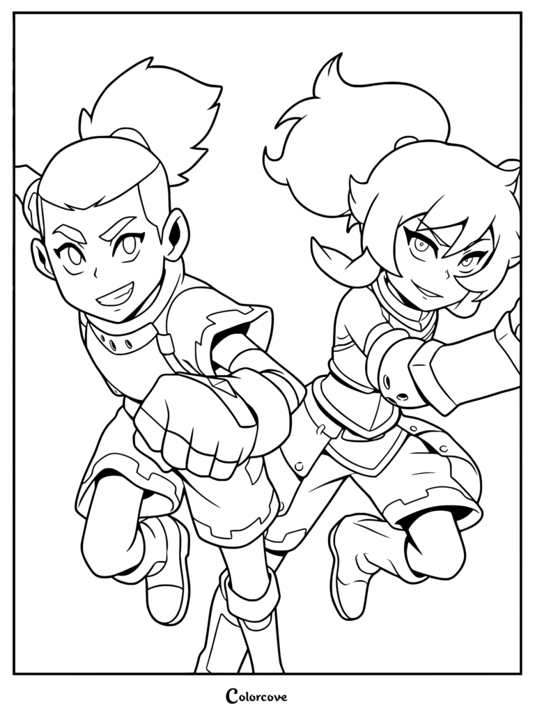A black and white coloring page featuring Key and Ssyelle from Dragon Striker in dynamic action poses, wearing their sports armor.