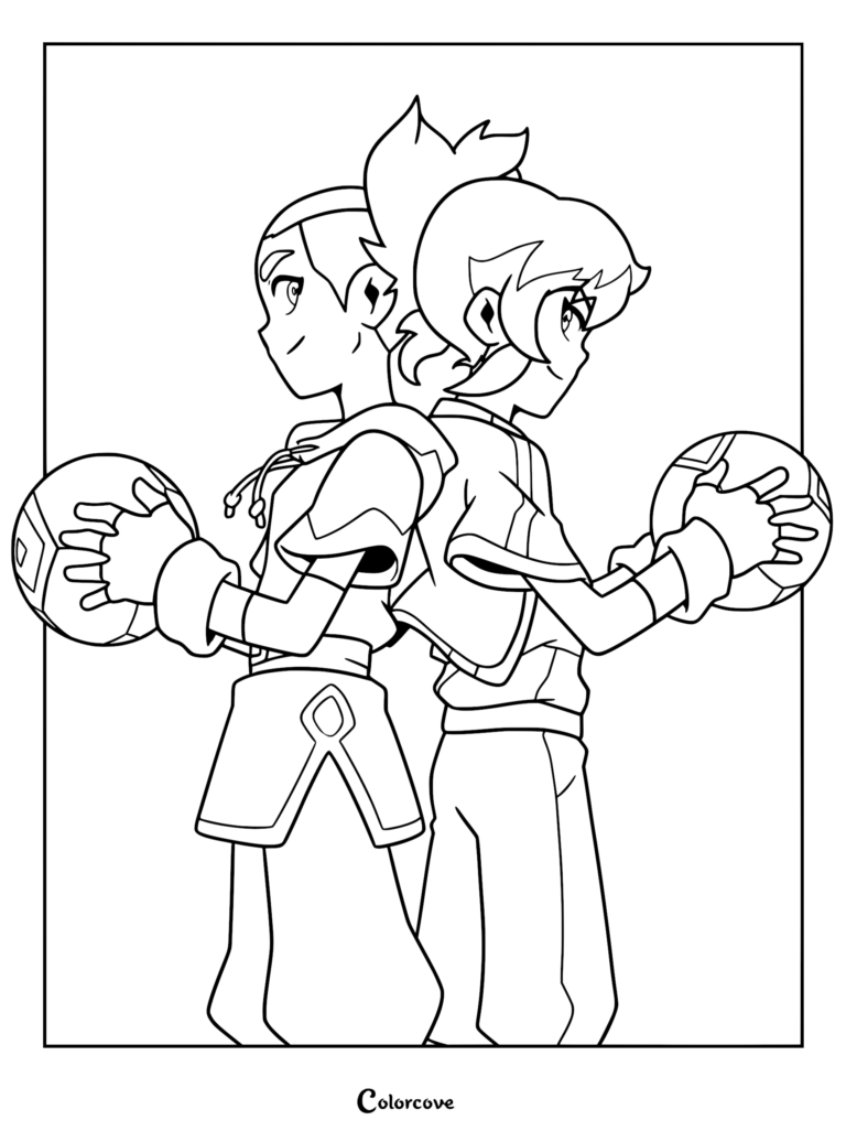 Key and Ssyelle standing back-to-back holding sports balls in this Dragon Striker coloring page.