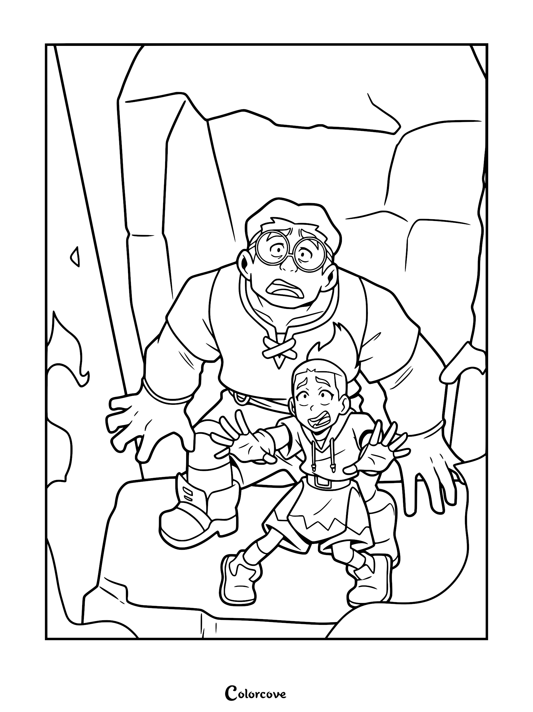 Key and Milo from Dragon Striker looking startled while exploring a dark, rocky crypt in this printable coloring page.