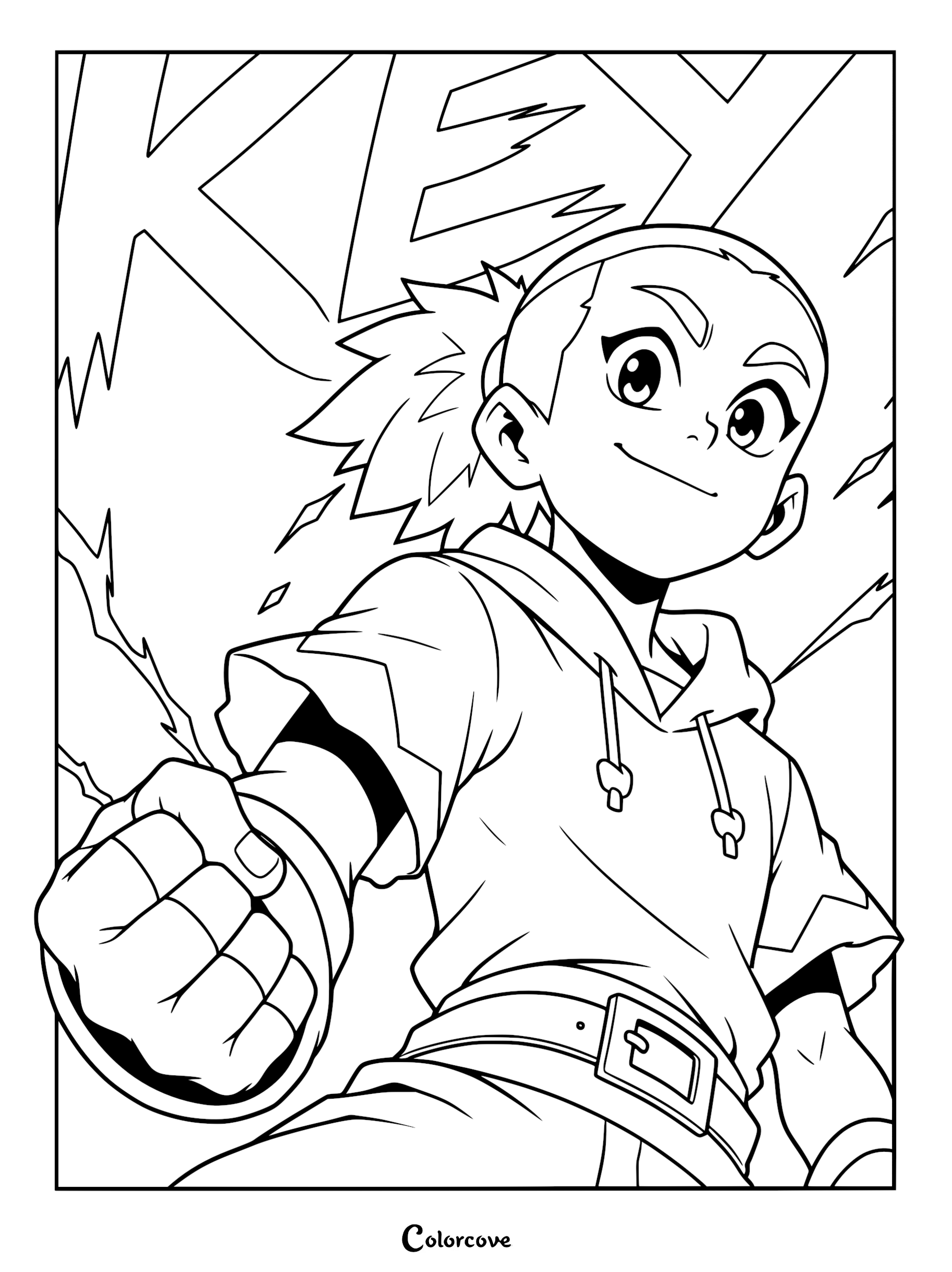 Key from Dragon Striker in a dynamic poster pose with his fist forward, featured on a printable coloring page.