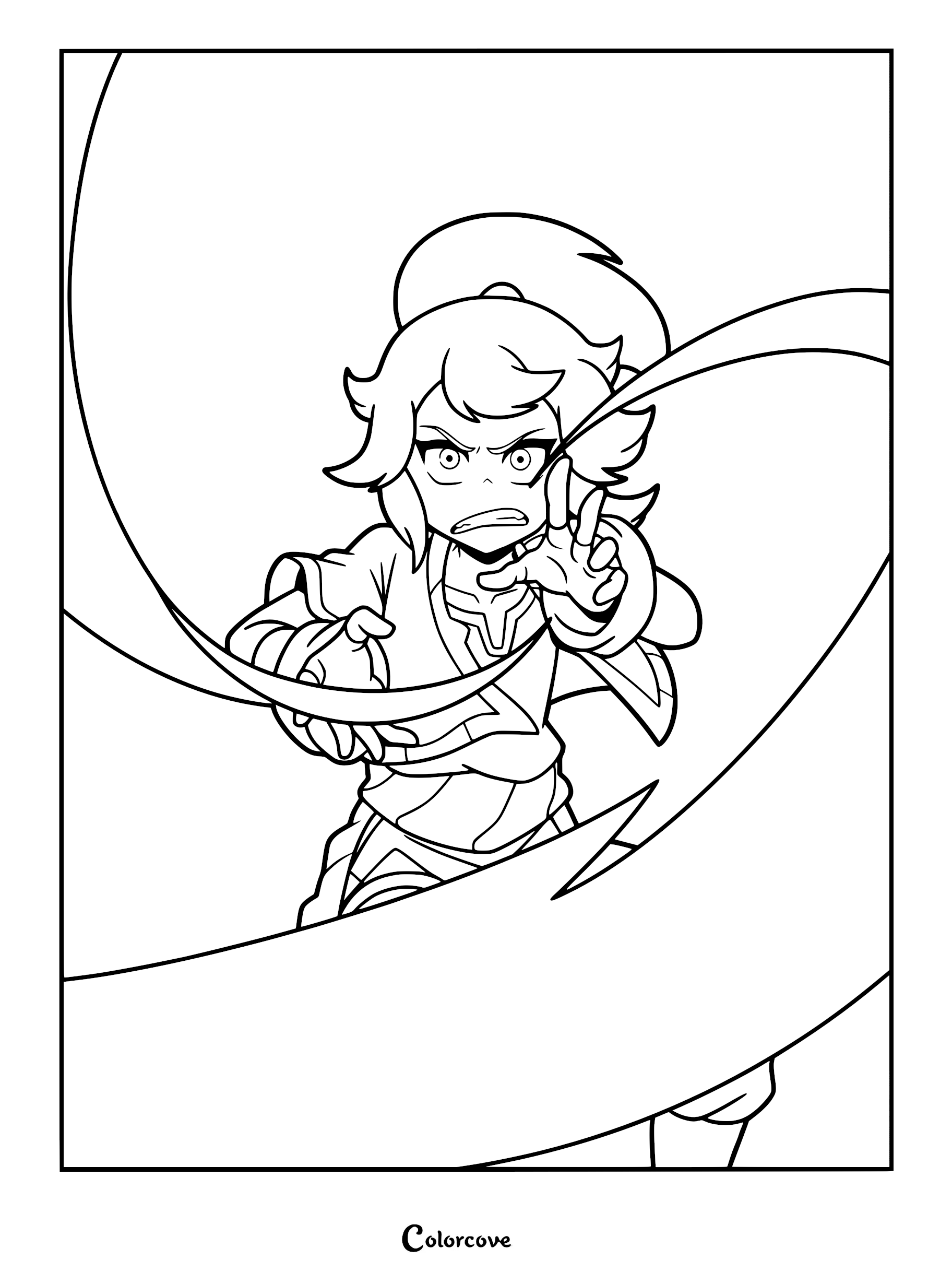 Ssyelle from Dragon Striker in a dynamic action pose, featured on a printable coloring page with swirling energy lines.