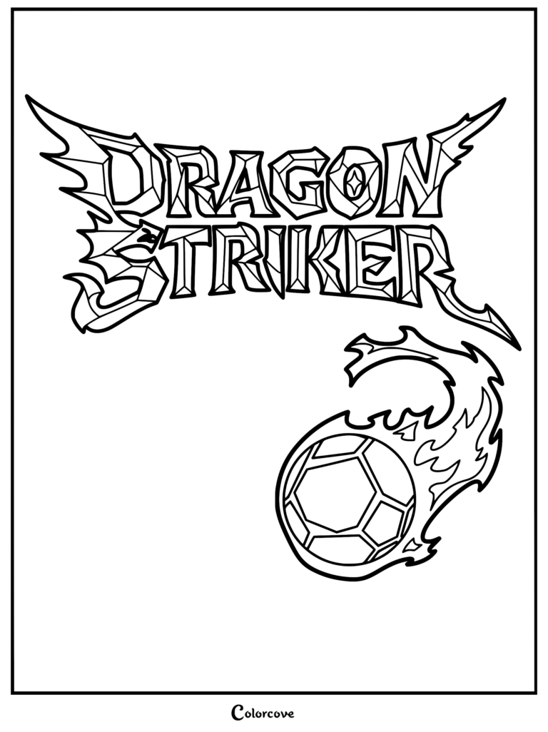 Dragon Striker series logo featuring jagged, crystalline lettering and a flaming Gorotama soccer ball in a high-quality line art coloring page.