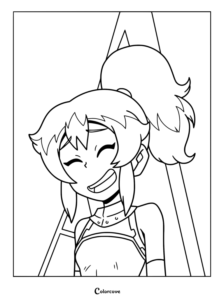 A printable coloring page featuring a close-up portrait of Ssyelle Tournefeuille from Dragon Striker with her hair in a high ponytail and a joyful expression.