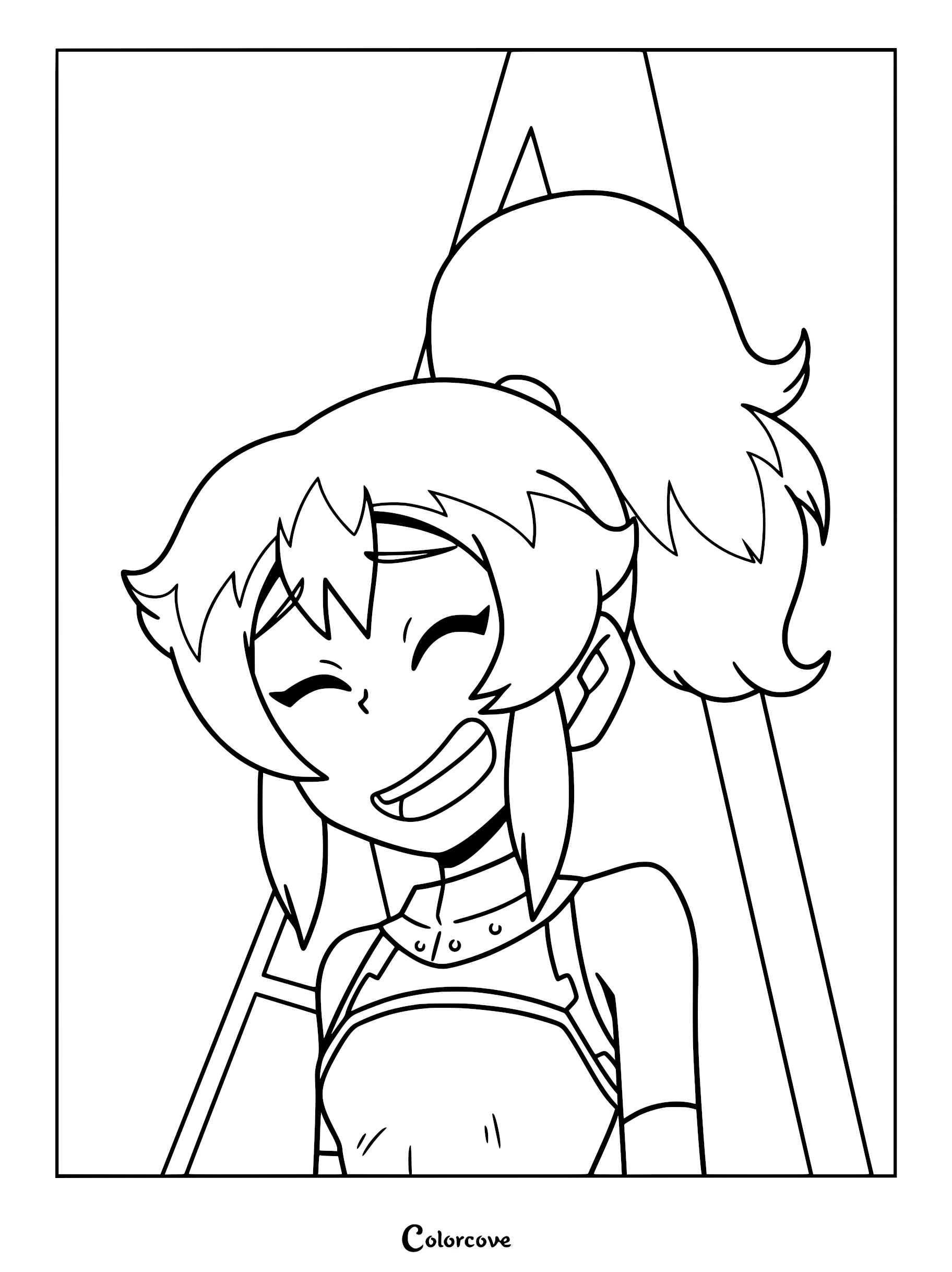 A printable coloring page featuring a close-up portrait of Ssyelle Tournefeuille from Dragon Striker with her hair in a high ponytail and a joyful expression.