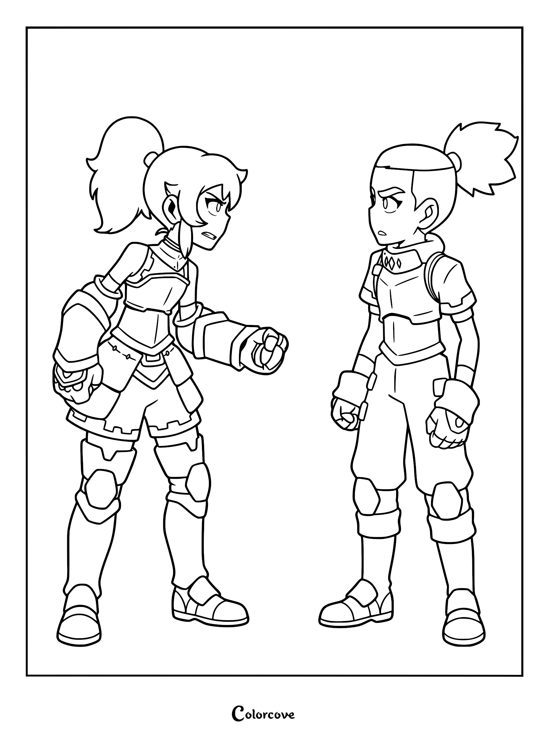 Key and Ssyelle standing face to face in a tense stance, line art coloring page of the Dragon Striker characters.