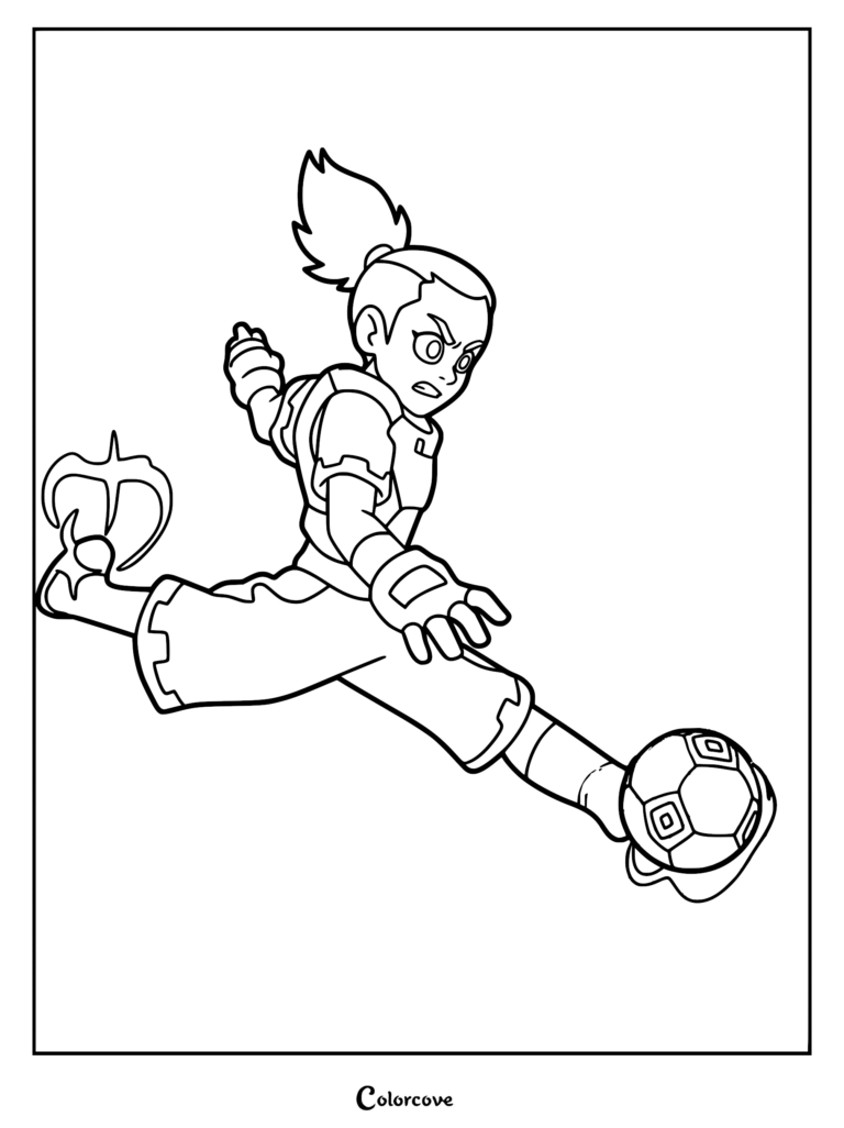 A detailed line art coloring page of Key from Dragon Striker, depicted mid-air performing a powerful soccer kick on a Gorotama ball, wearing athletic gear with a ponytail hairstyle.