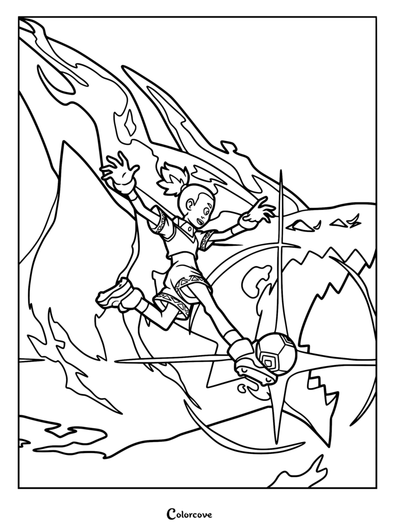 Key from Dragon Striker performing a dynamic soccer kick as a massive fiery dragon silhouette appears behind him in this high-action printable coloring page.