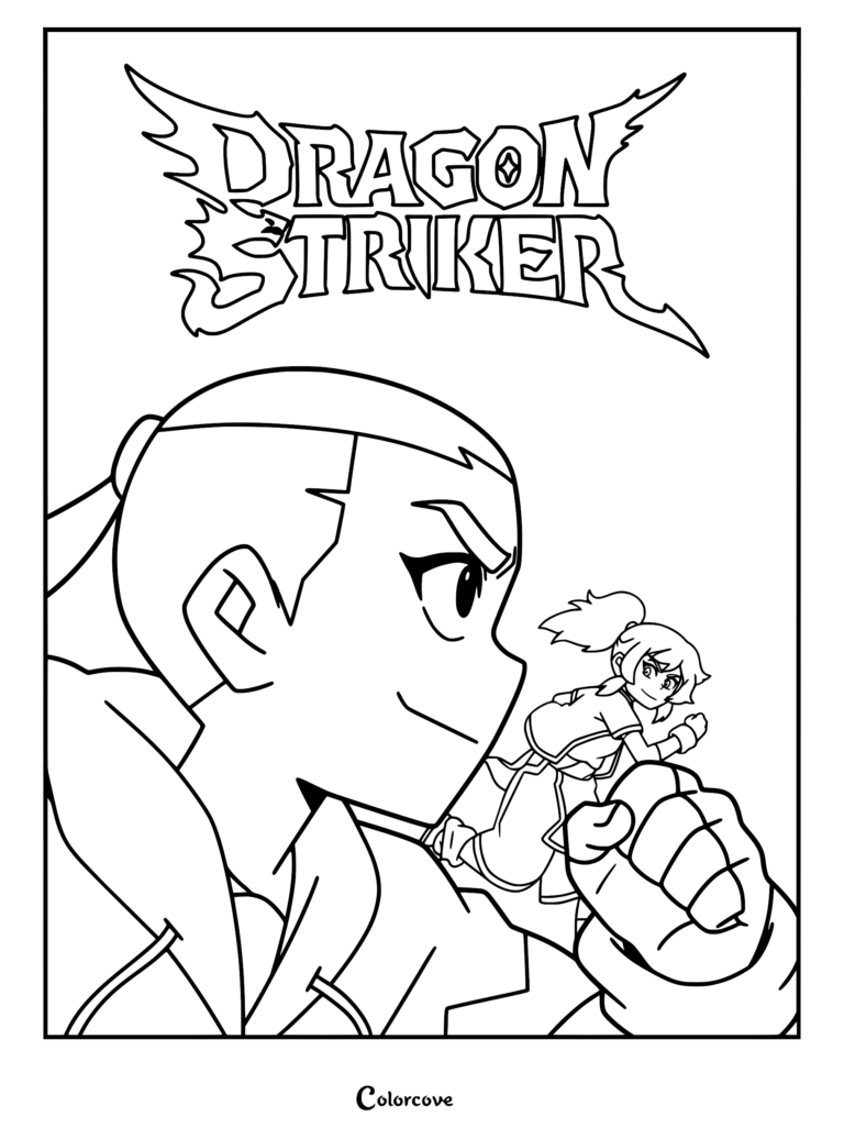 A line art coloring page featuring a large profile view of Key in the foreground and a smaller, standing Ssyelle in the background, topped with the official Dragon Striker logo.