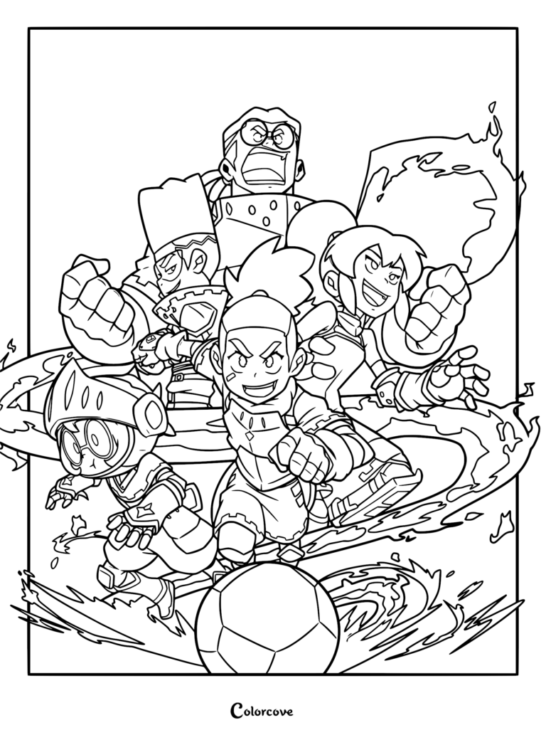 A detailed coloring page featuring the Knights team from Dragon Striker, including Key, Ssyelle, Odward, Milo, and Ameline, posed for action around a Gorotama soccer ball with magical energy effects.