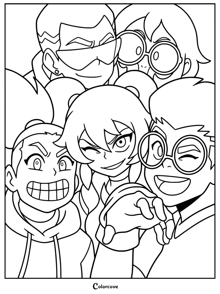 A fun Dragon Striker coloring page featuring the Knights team members Key, Ssyelle, Odward, Milo, and Ameline huddled together for a group selfie portrait in clean line art style.