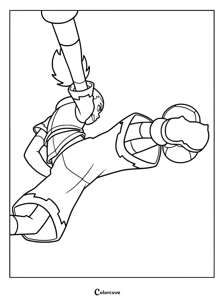 A detailed coloring page of Key from Dragon Striker performing a dynamic aerial soccer kick with a Gorotama ball, captured from an intense low-angle perspective.