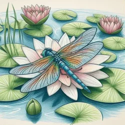 Dragonfly on a lotus flower in a pond coloring page with lily pads and water detail. Perfect for nature art enthusiasts.