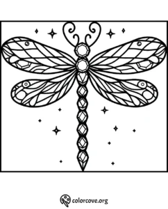 Intricate dragonfly coloring page with geometric patterns and stars, perfect for relaxing and creative coloring activities.
