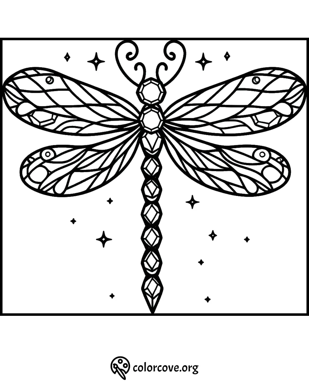 Intricate dragonfly coloring page with geometric patterns and stars, perfect for relaxing and creative coloring activities.