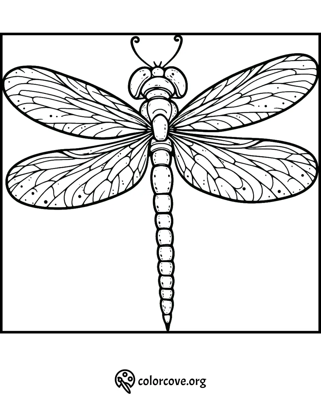 Dragonfly coloring page featuring detailed wings and body design for kids and adults to color and enjoy.