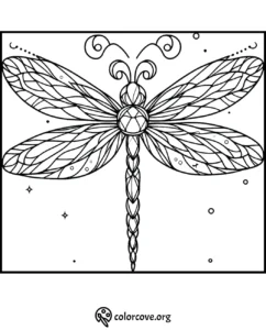 Intricate dragonfly coloring page with detailed wings and patterns, perfect for adult relaxation and creativity.