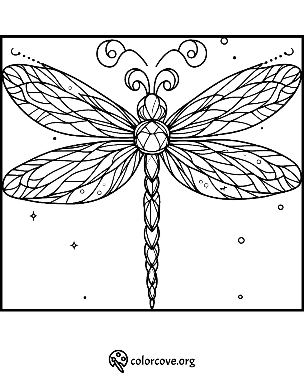 Intricate dragonfly coloring page with detailed wings and patterns, perfect for adult relaxation and creativity.