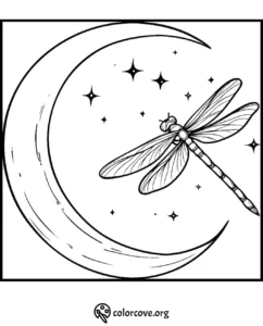 Dragonfly and crescent moon coloring page with stars, perfect for a relaxing and creative coloring activity.