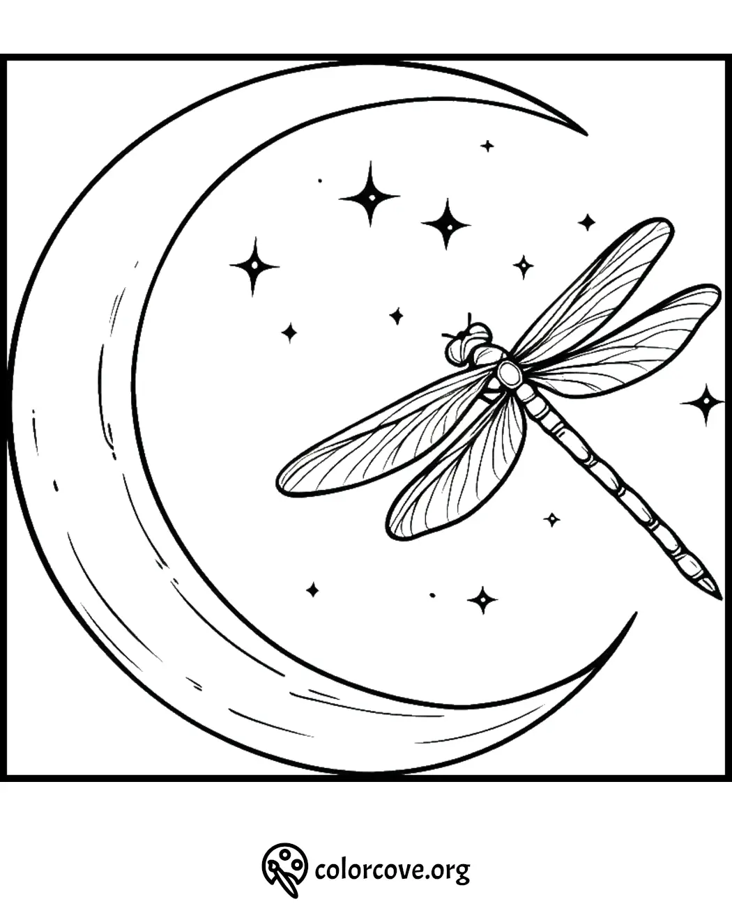 Dragonfly and crescent moon coloring page with stars, perfect for a relaxing and creative coloring activity.