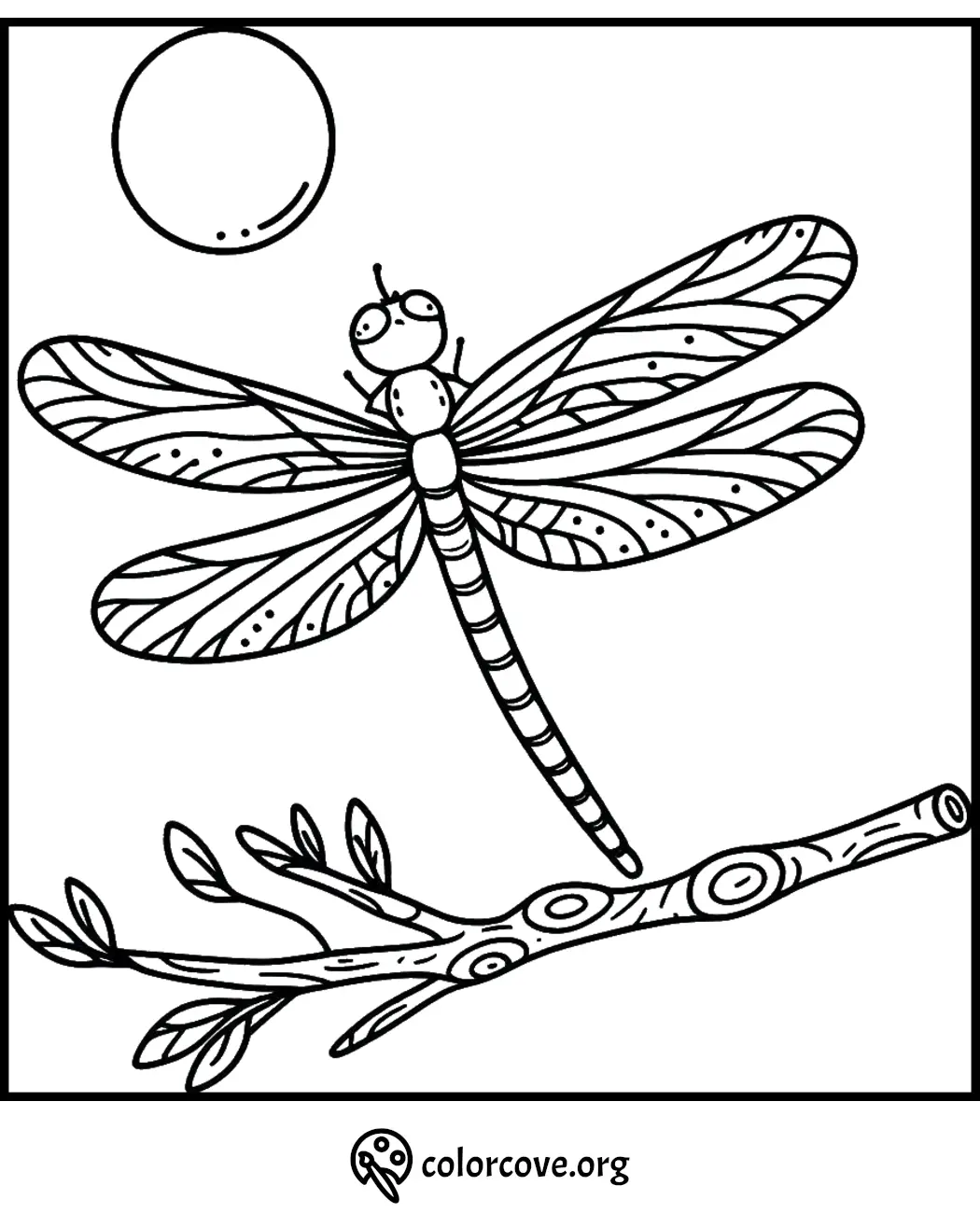 Dragonfly coloring page with detailed wings and branch, perfect for kids and adults to color and relax.