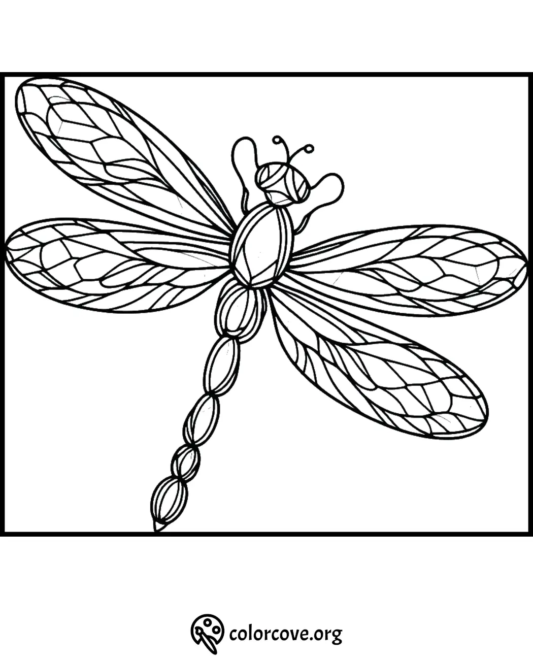 Dragonfly coloring page with detailed wing patterns for kids and adults to color and enjoy.