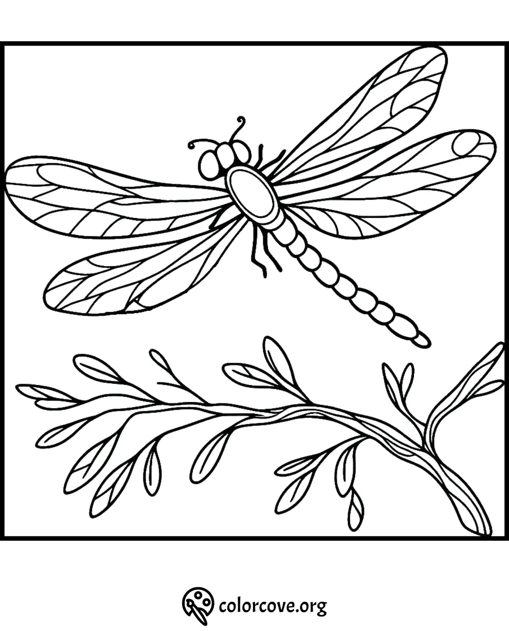 Dragonfly coloring page with intricate wing details above a leafy branch.