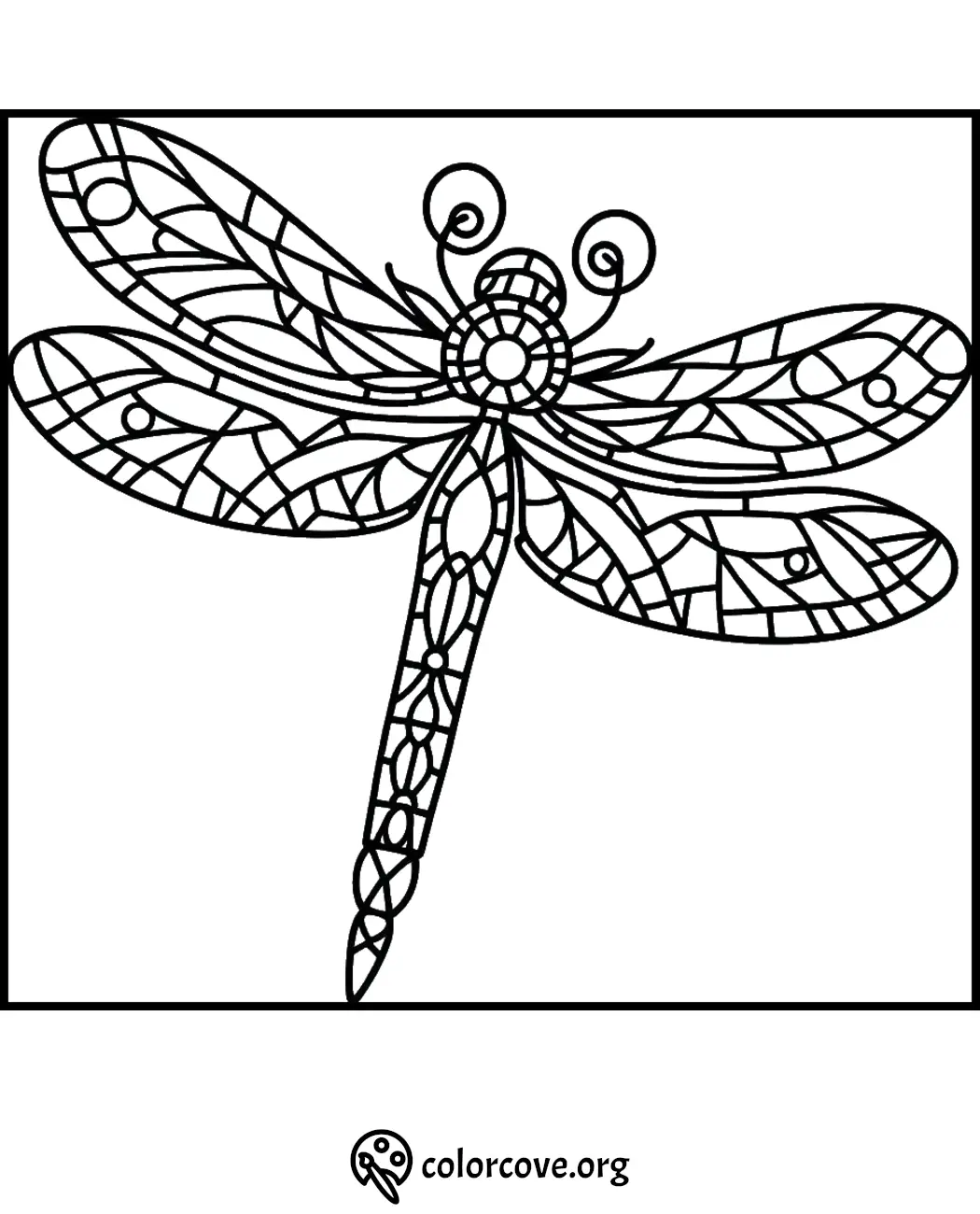 Stained glass dragonfly coloring page with intricate patterns and designs for creativity and relaxation.