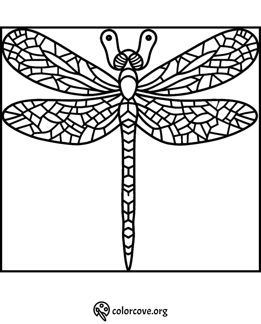 Dragonfly coloring page with intricate mosaic patterns, perfect for mindfulness and creativity.