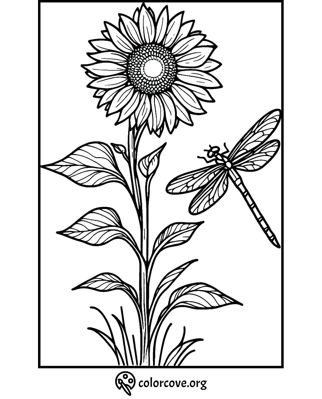 Sunflower and dragonfly coloring page, detailed line art for stress relief and creativity.