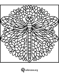 Intricate dragonfly coloring page with detailed patterns and floral elements for stress relief and creativity.
