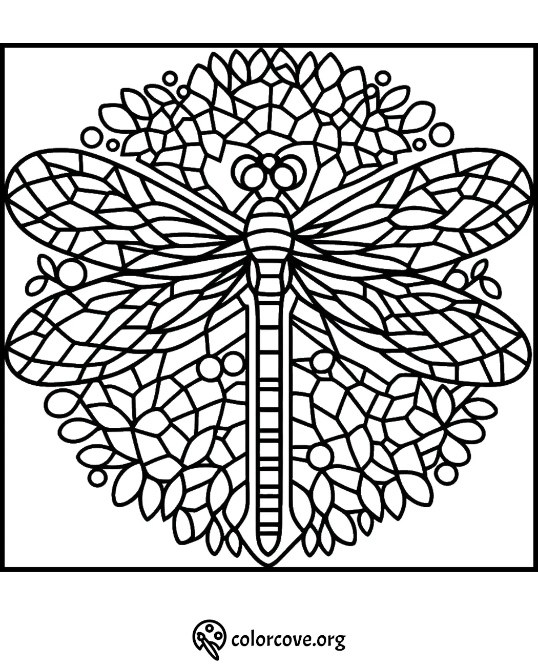 Intricate dragonfly coloring page with detailed patterns and floral elements for stress relief and creativity.