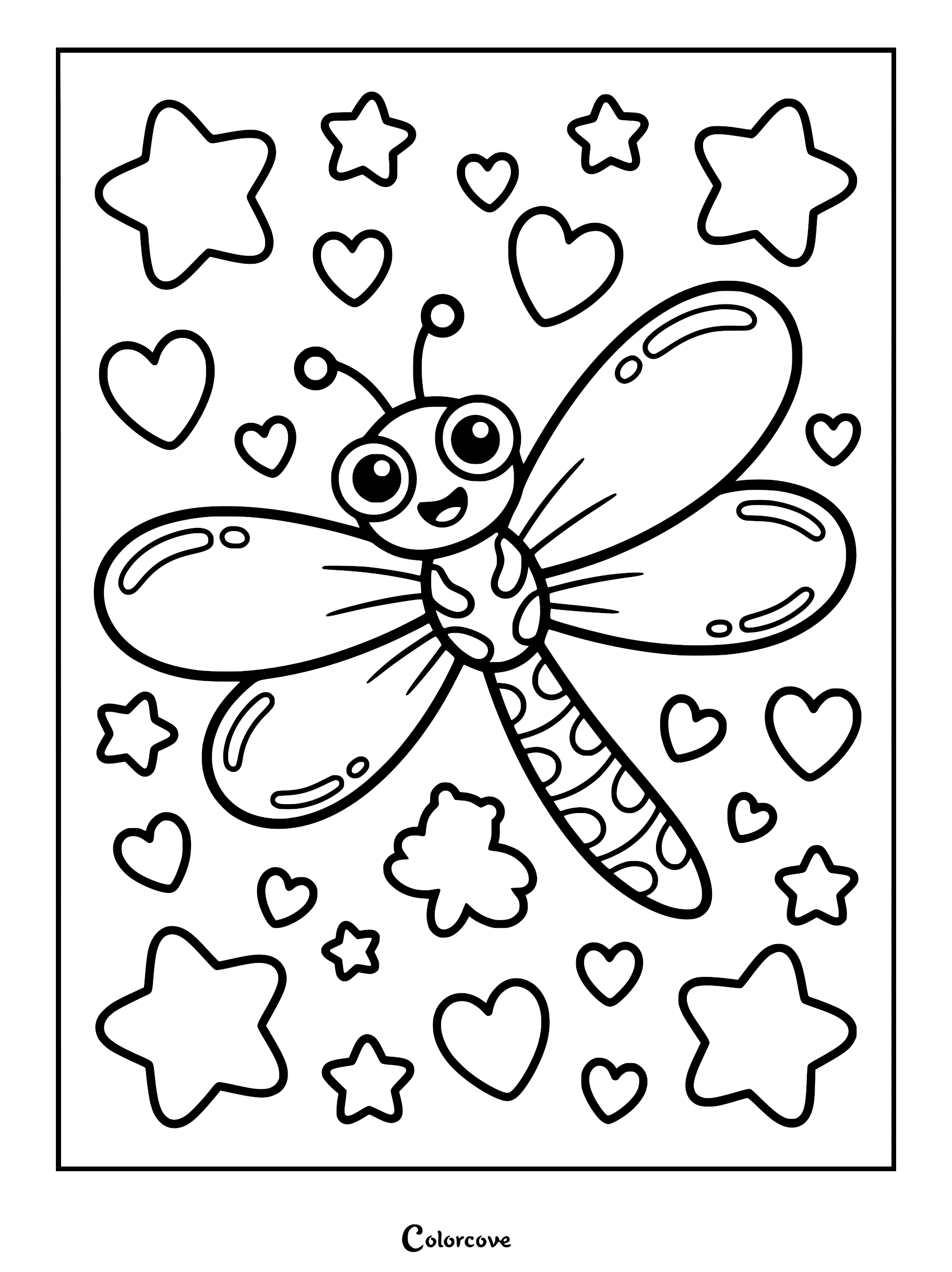 A cute cartoon dragonfly surrounded by floating hearts and stars in this simple line art coloring page.