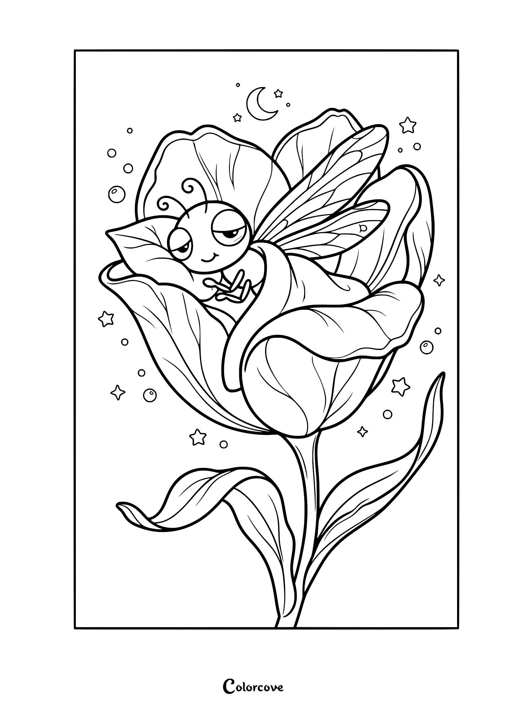 A cute cartoon dragonfly sleeping inside a large tulip blossom, surrounded by stars and bubbles in this printable coloring page.