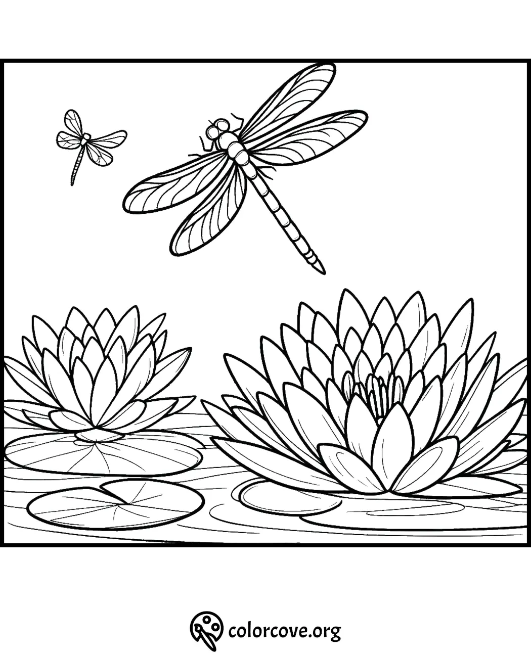 Dragonfly and water lilies coloring page, perfect for nature-themed creative moments.