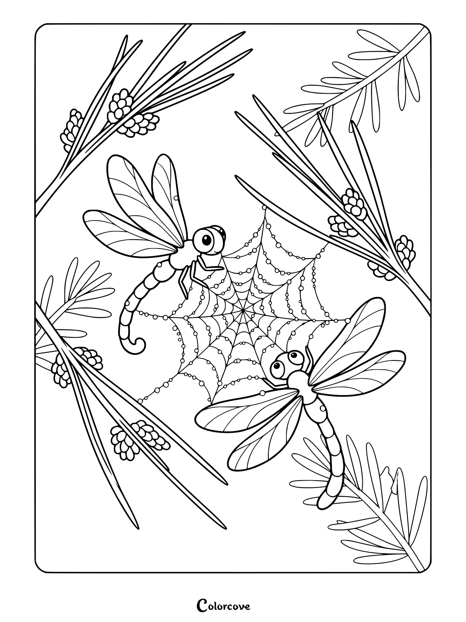 Two cartoon dragonflies flying near a dew-covered spider web surrounded by pine needles, printable coloring page.