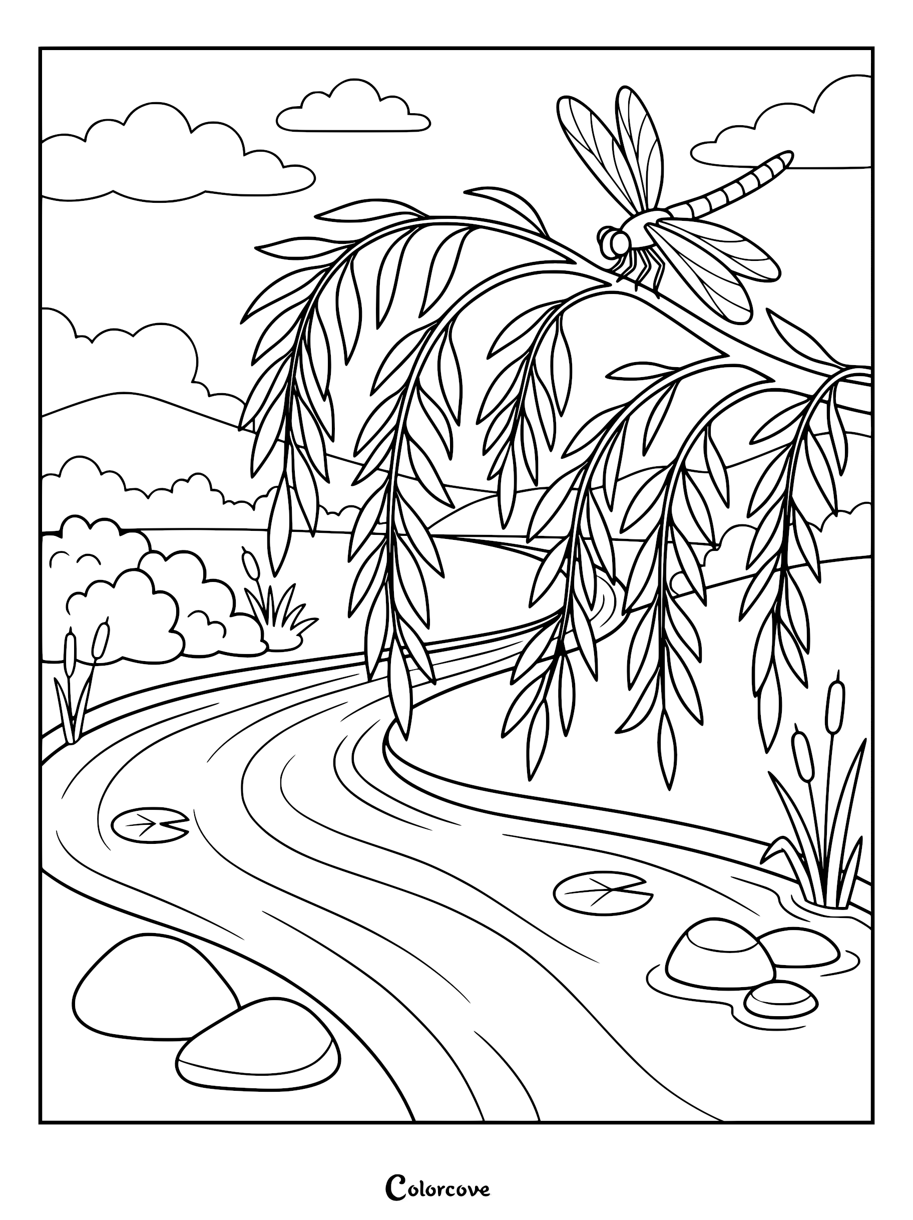 A detailed dragonfly resting on a weeping willow branch above a winding river, featuring lily pads and cattails in a nature-themed coloring page.