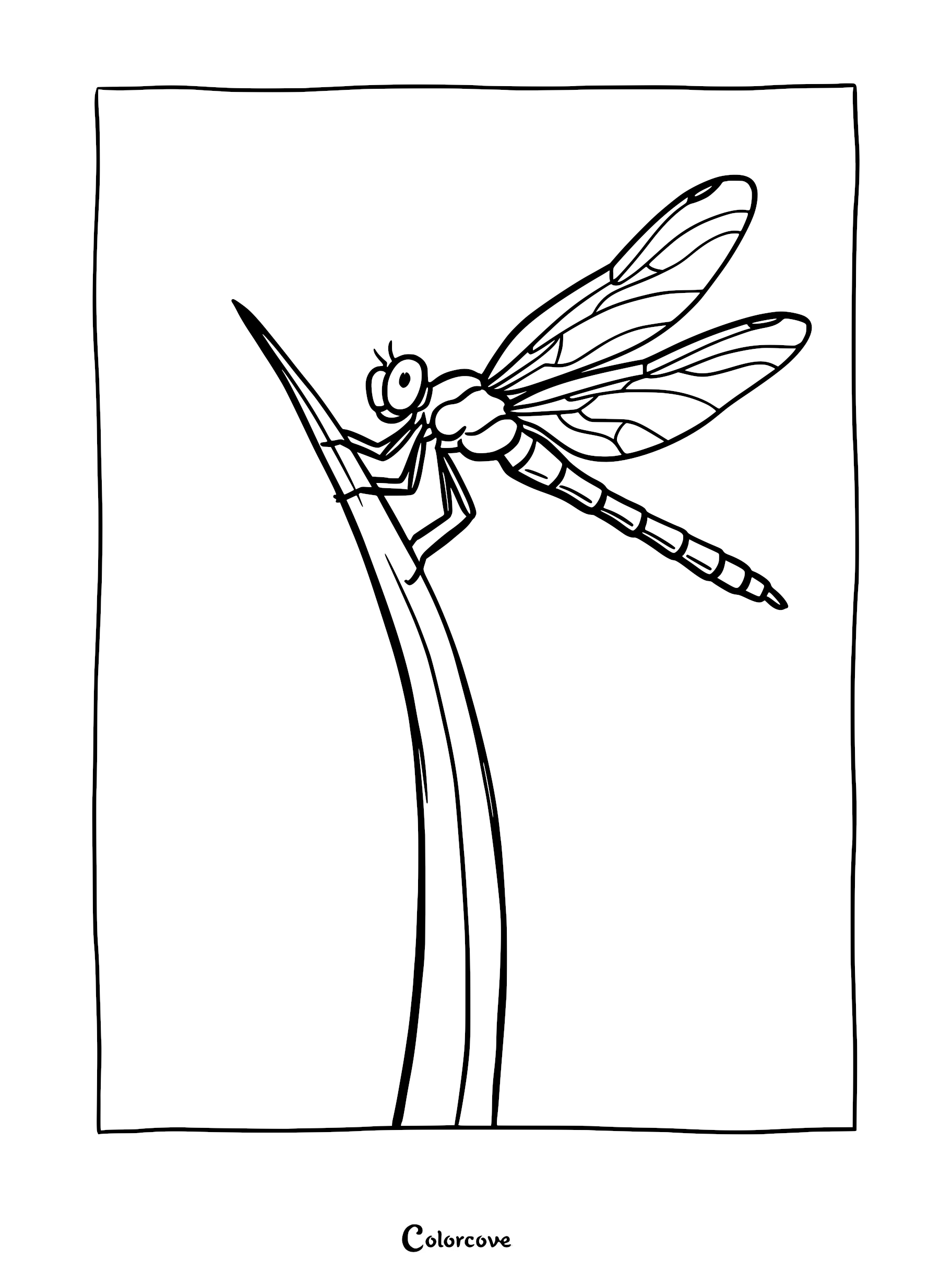 A cartoon dragonfly with detailed wing veins perched on a tall blade of grass in this printable coloring page.