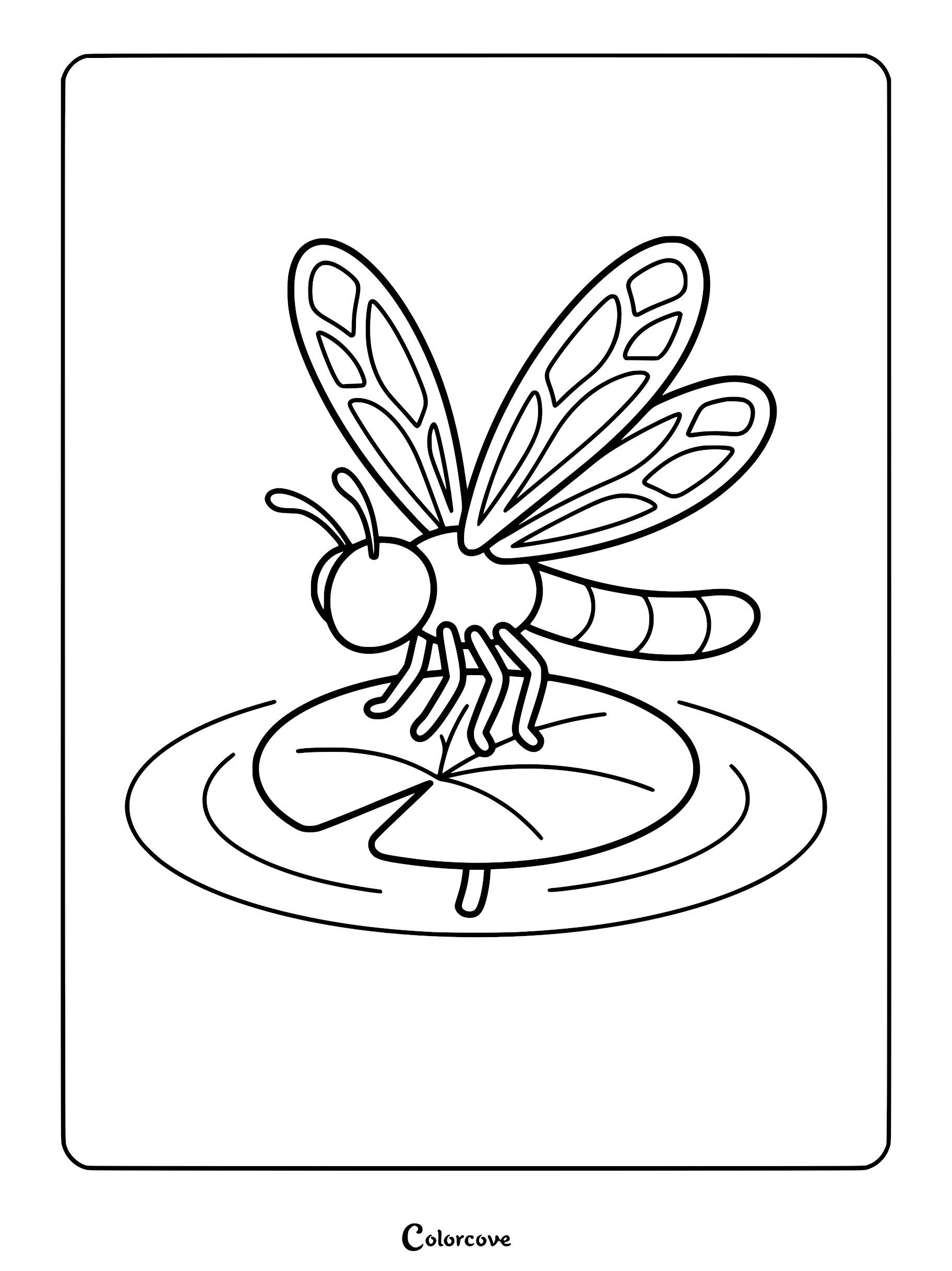 A simple dragonfly coloring page featuring a cartoon insect with patterned wings resting on a circular lily pad in rippling water.