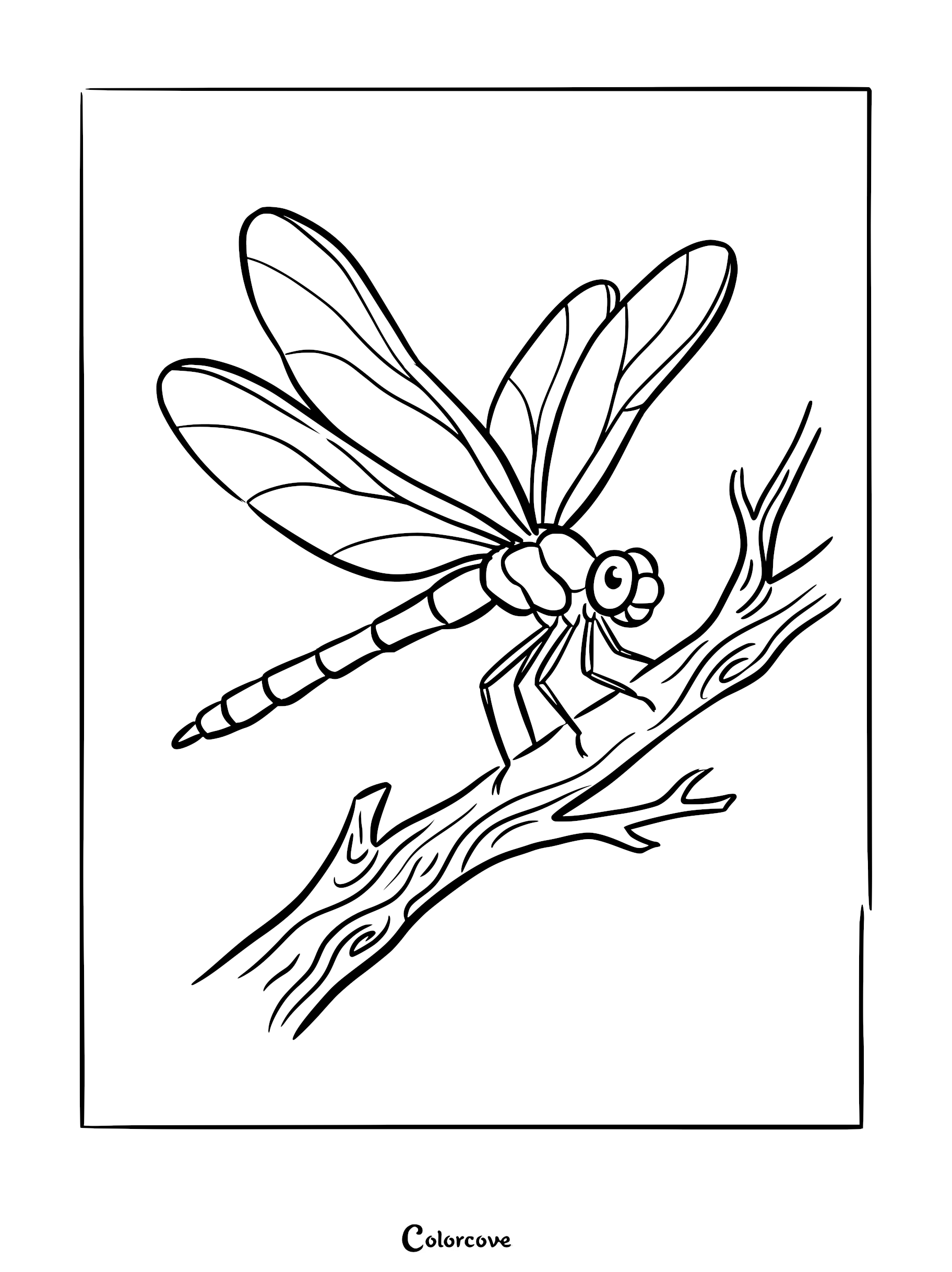 A simple dragonfly coloring page featuring a cartoon insect with large wings resting on a textured tree branch.