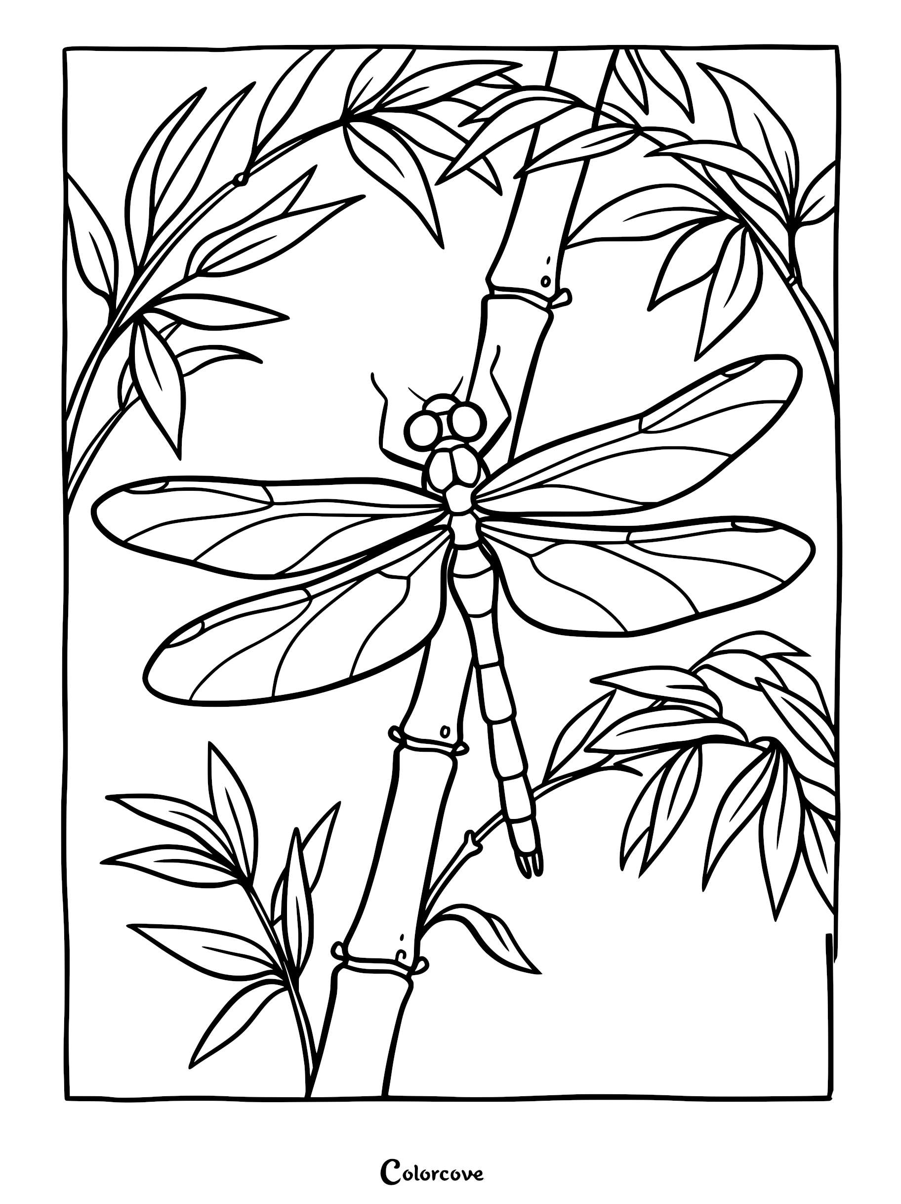 Detailed dragonfly resting on a bamboo stalk surrounded by leaves in this printable coloring page.