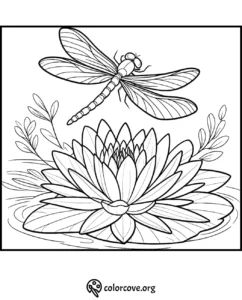 Dragonfly and lotus flower coloring page for relaxation and creativity. Detailed nature illustration for coloring enthusiasts.