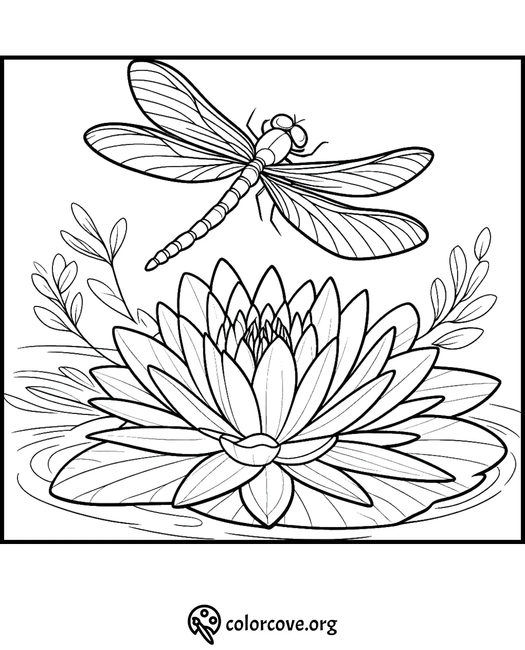 Dragonfly and lotus flower coloring page for relaxation and creativity. Detailed nature illustration for coloring enthusiasts.