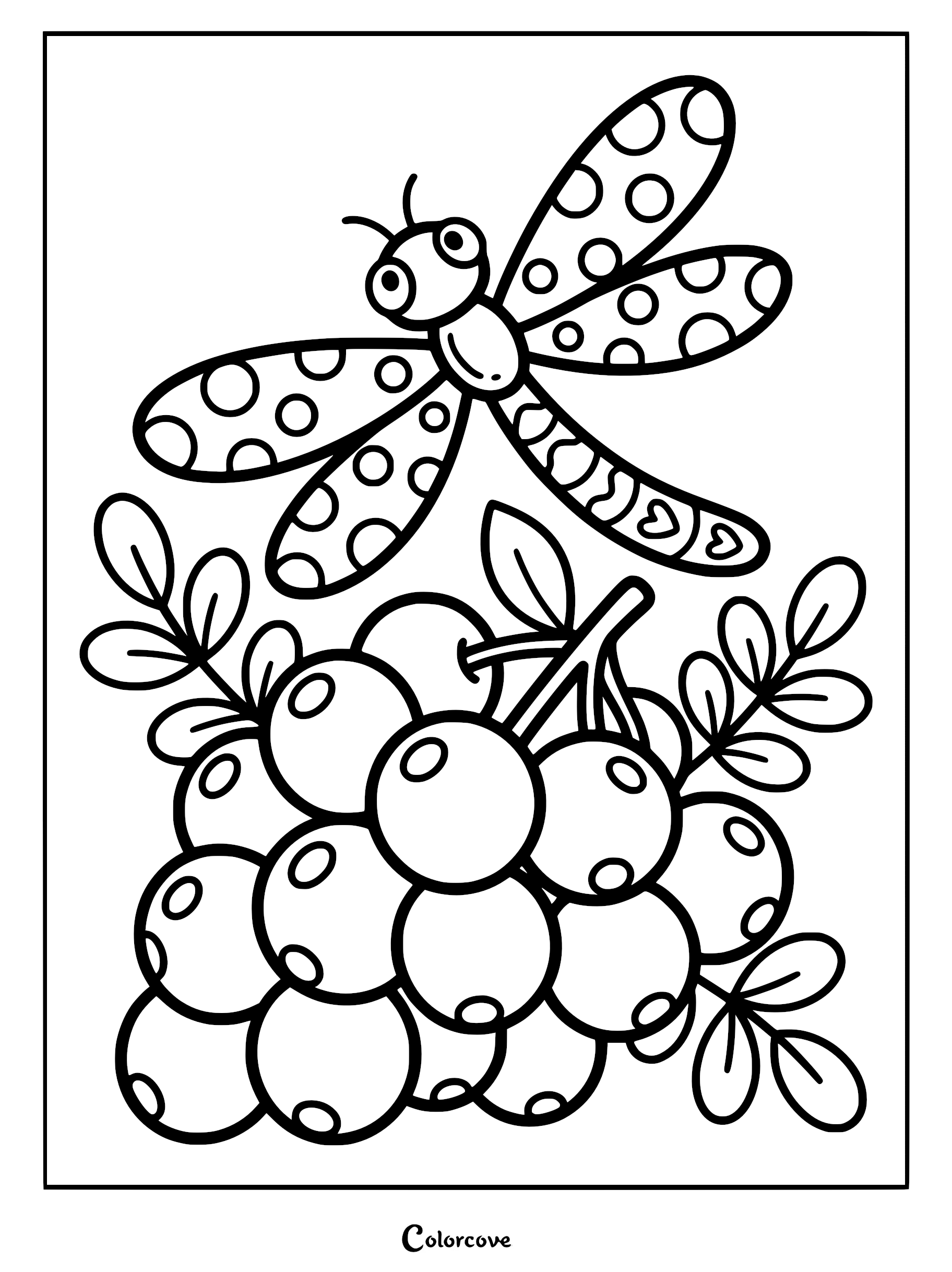 A cute dragonfly with polka dot wings hovering above a cluster of round berries in this printable coloring page.