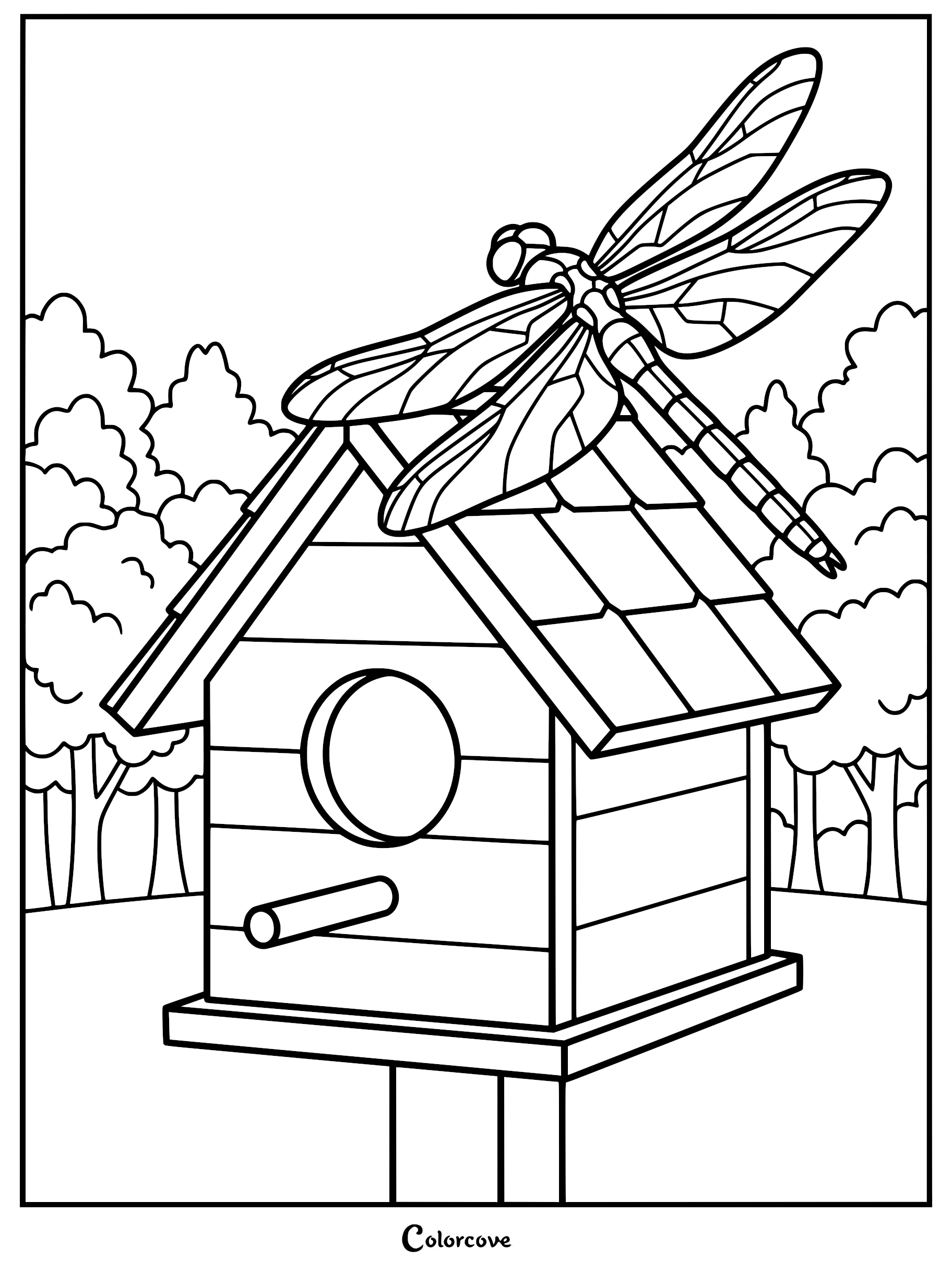 A large dragonfly with detailed veined wings resting on the roof of a wooden birdhouse in a forest setting coloring page.