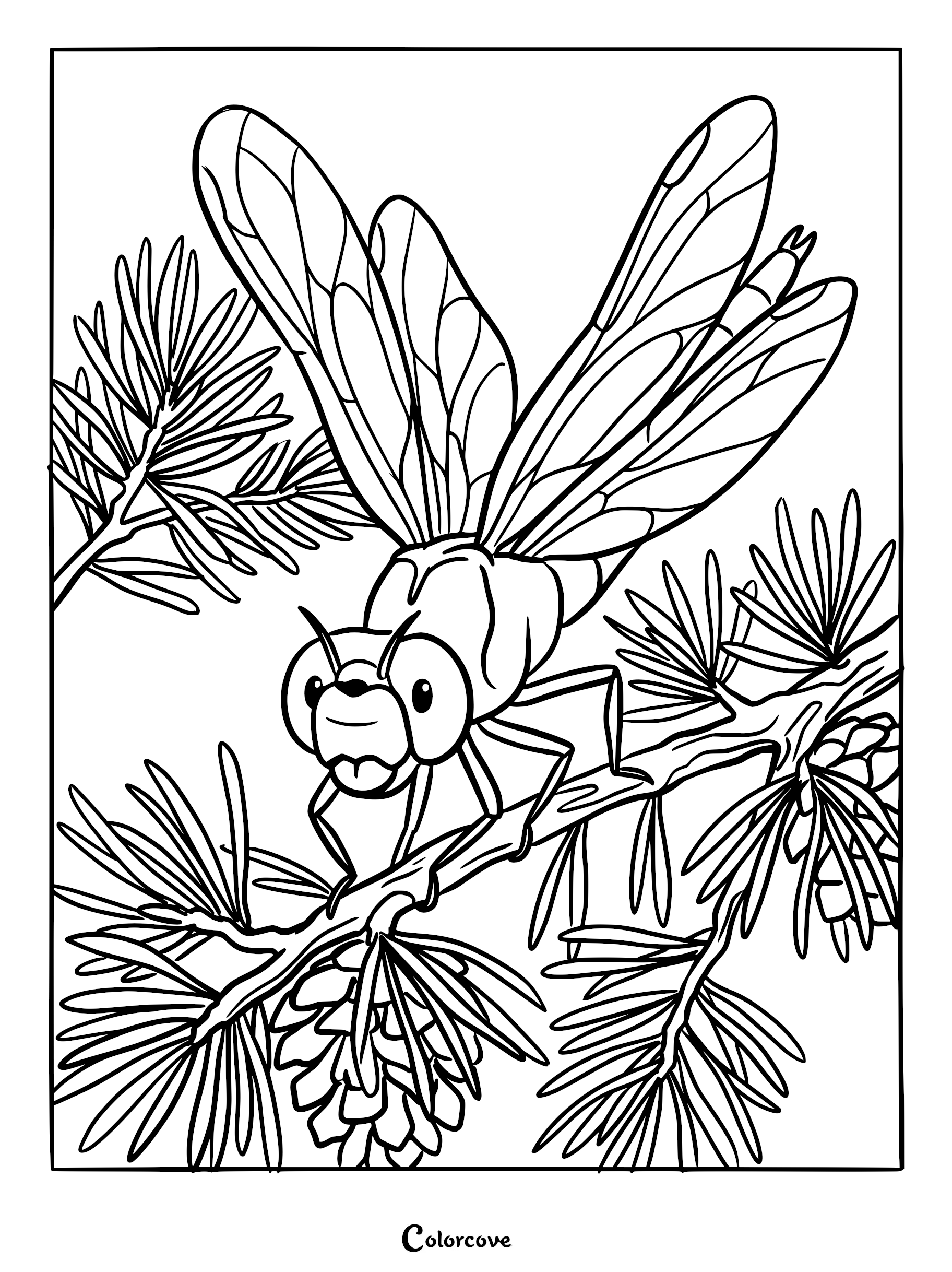 A detailed dragonfly coloring page featuring the insect perched on a pine tree branch with needles and cones.