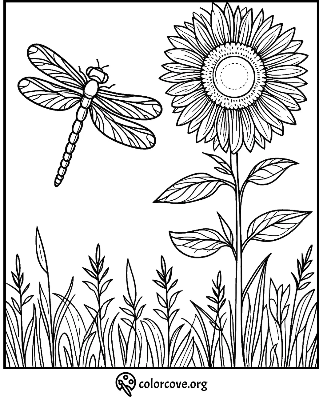 Dragonfly and sunflower coloring page with detailed leaves and grass, perfect for nature-themed creative activities.