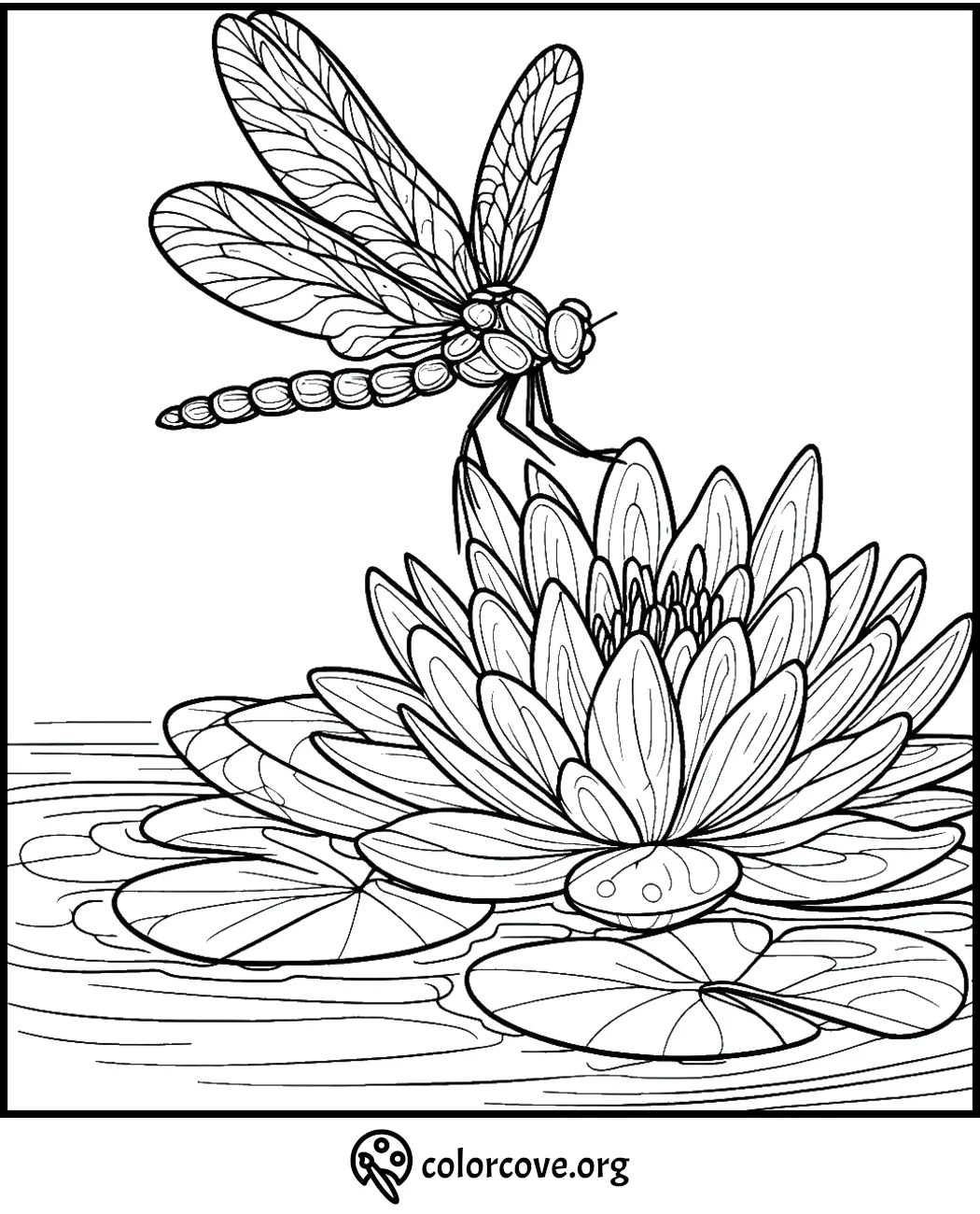 Dragonfly on lotus flower coloring page, intricate nature design for relaxation and creativity.