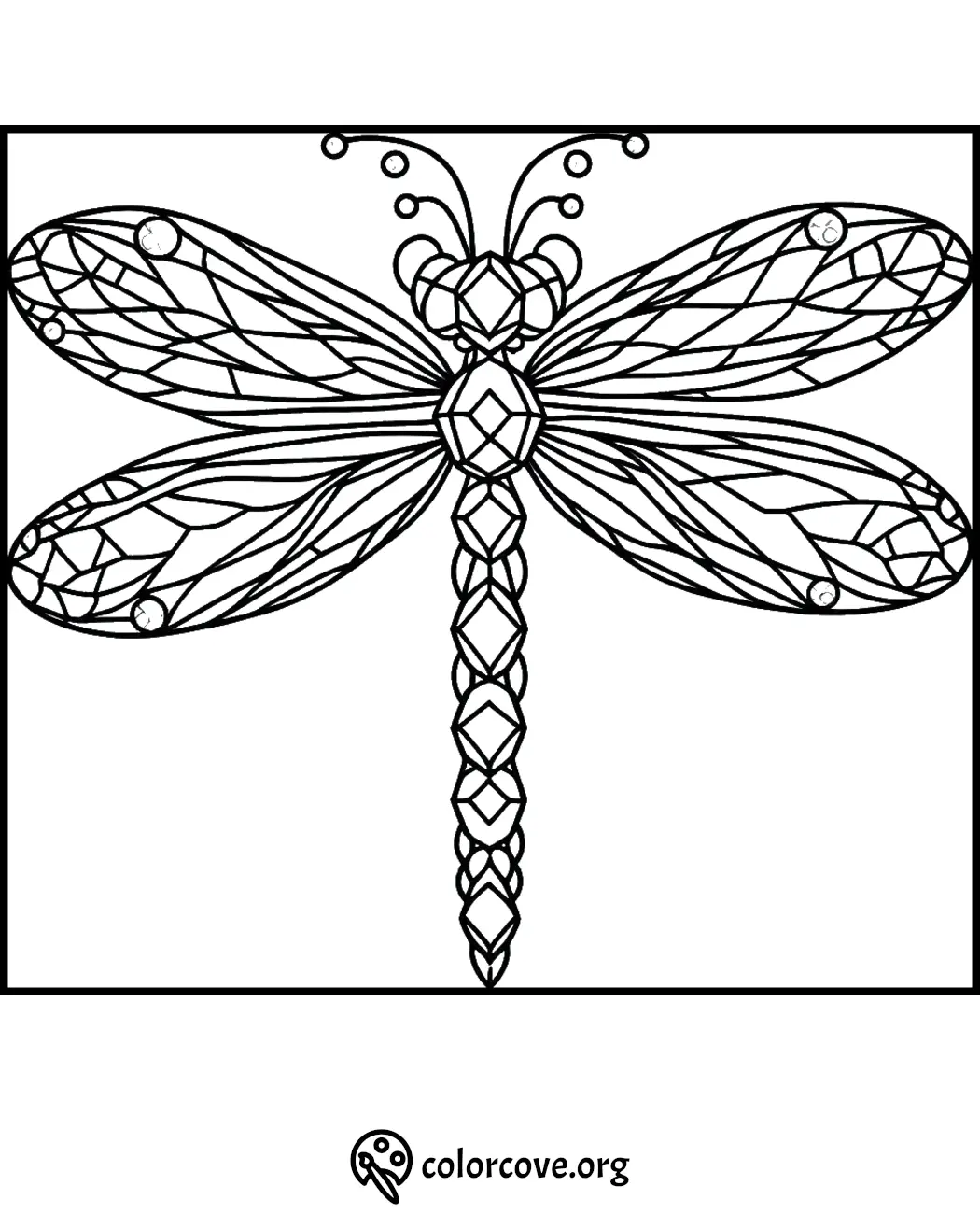 Intricate dragonfly coloring page with geometric patterns for stress relief and creativity.