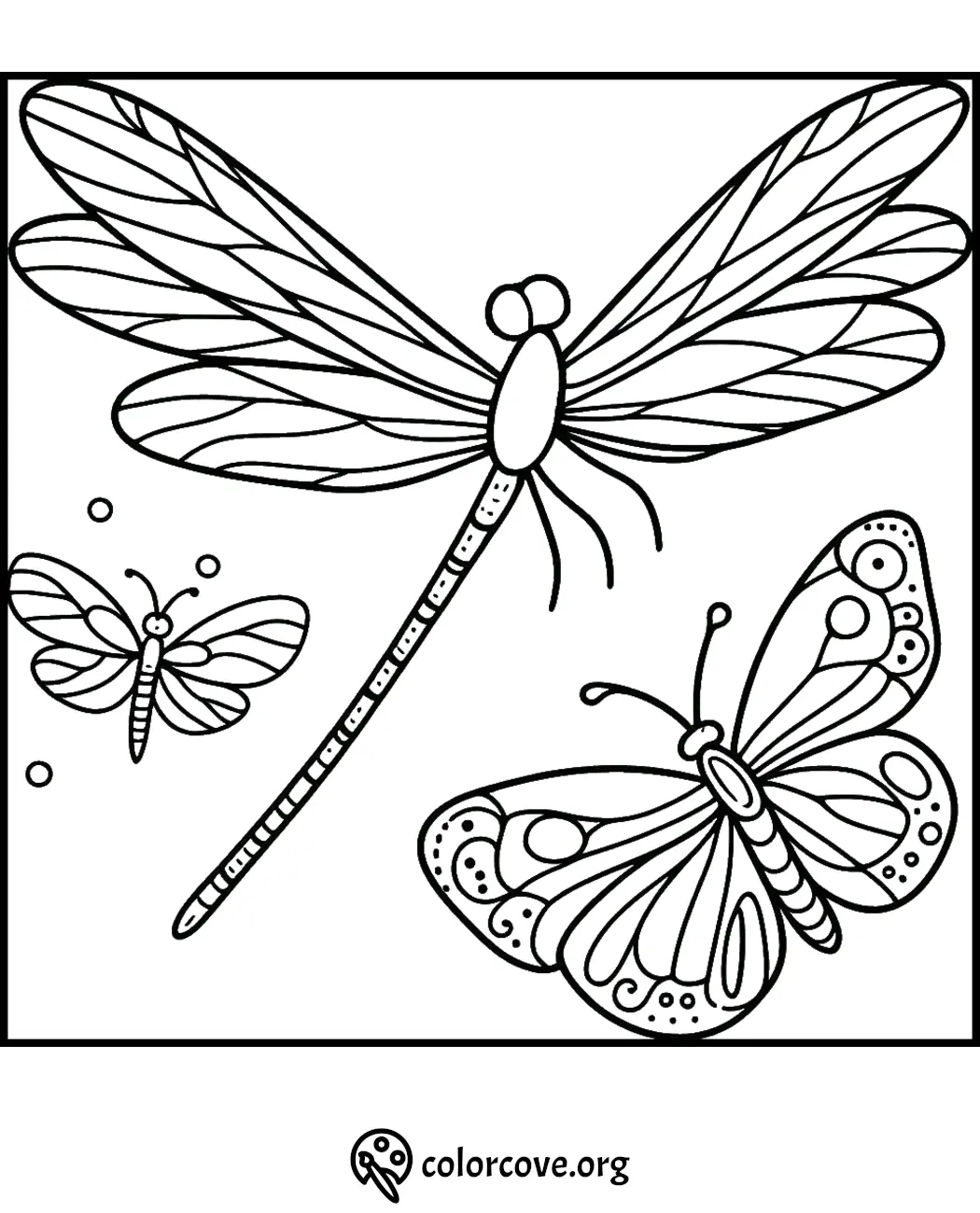 Dragonfly and butterfly coloring page for kids. Fun and educational insect-themed printable activity sheet.