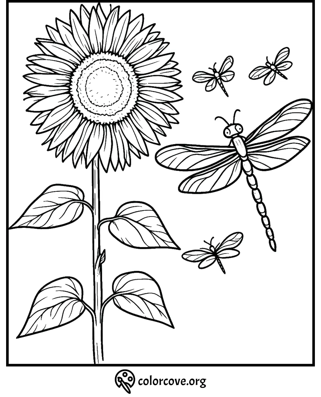 Coloring page featuring a sunflower with dragonflies flying around, perfect for kids' nature-themed coloring activities.